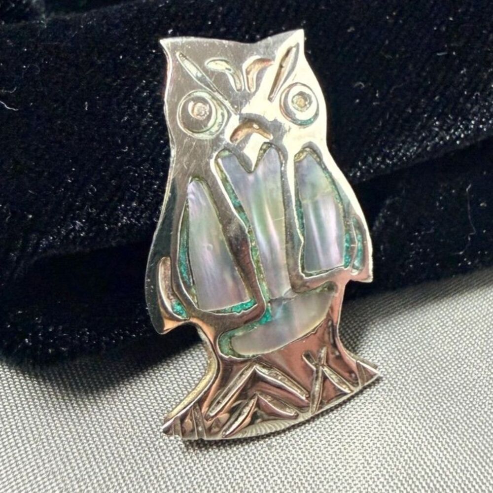 Vintage Mexican Alpaca Silver Owl Brooch Pin with Abalone Shell Inlay